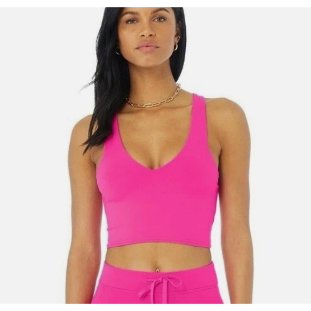 Alo Yoga Womens Real Bra Tank Neon Pink Airbrush V-Neck Racerback Crop Top XS